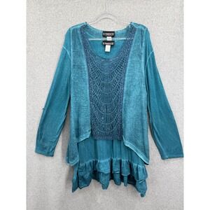 The Pyramid Collection Tunic Vest Women 2X Teal Blue Boho Lace Ruffle 2 Piece